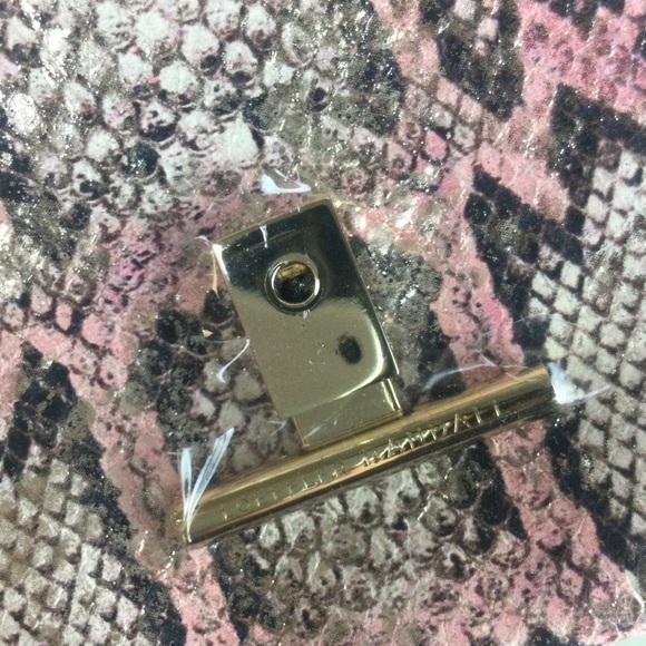 NWOT Loeffler Randall Tab Metallic Snakeskin Print Pink Leather Crossbody Clutch - Picture 8 of 11